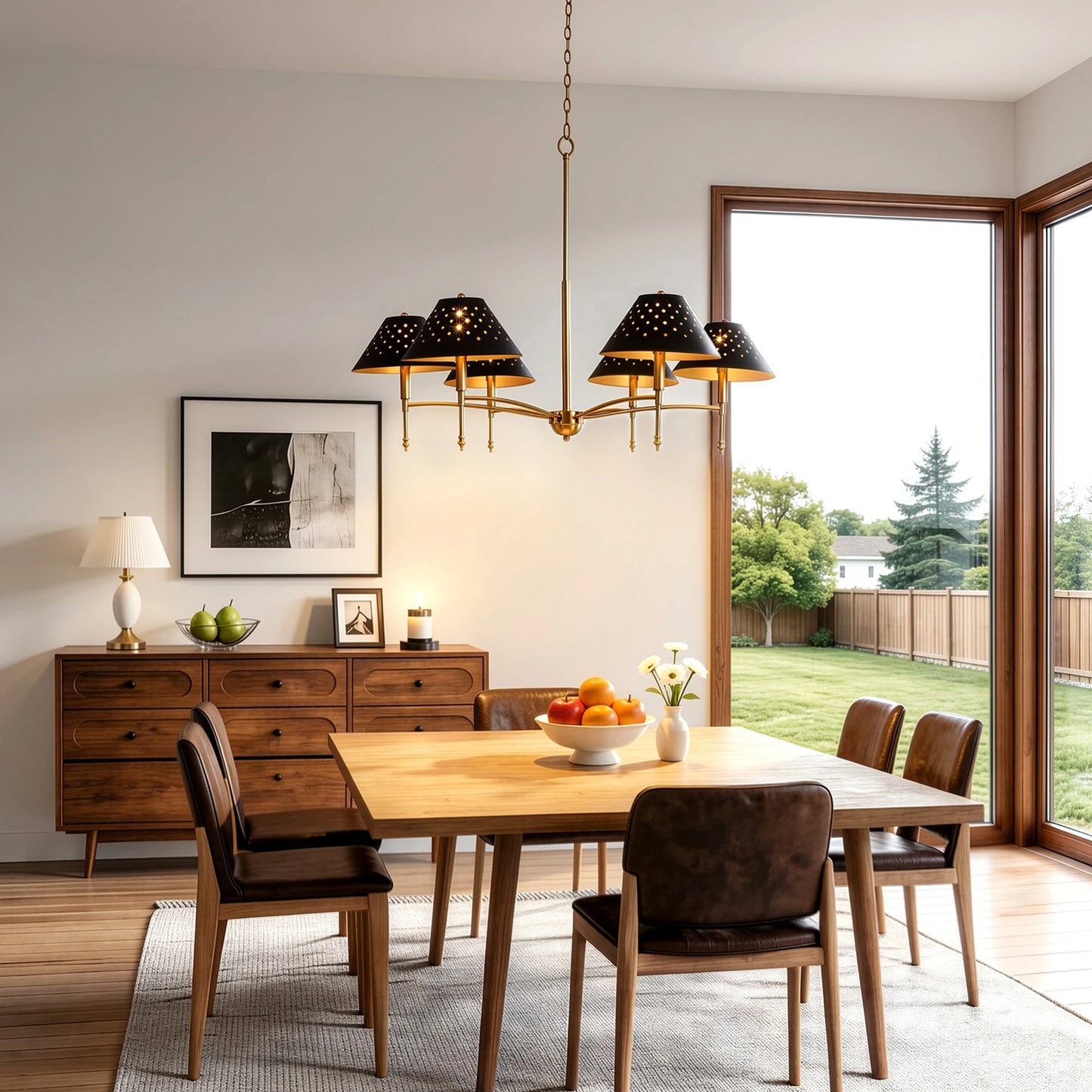 6-Light Chandelier With Matte Lampshade Over Table
