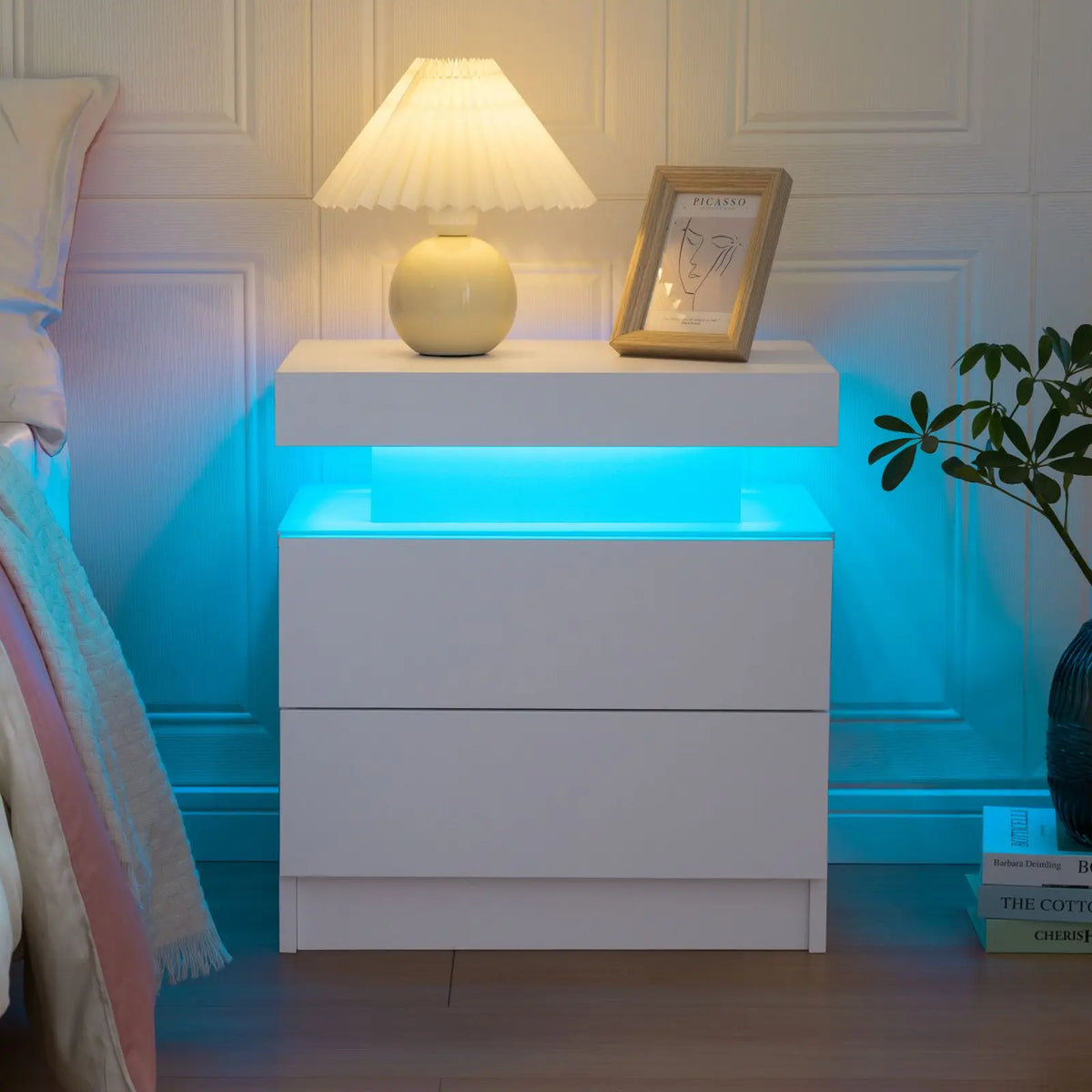 Cubehom Wooden Led Nightstand With Two Drawers And Rgb Lights