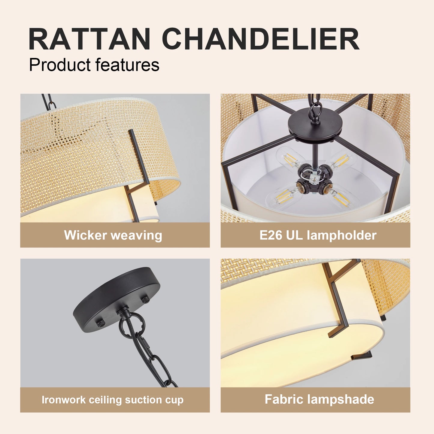 ZHIKEA Farmhouse Boho 4Light Rattan Pendant Chandelier With Fabric Shade