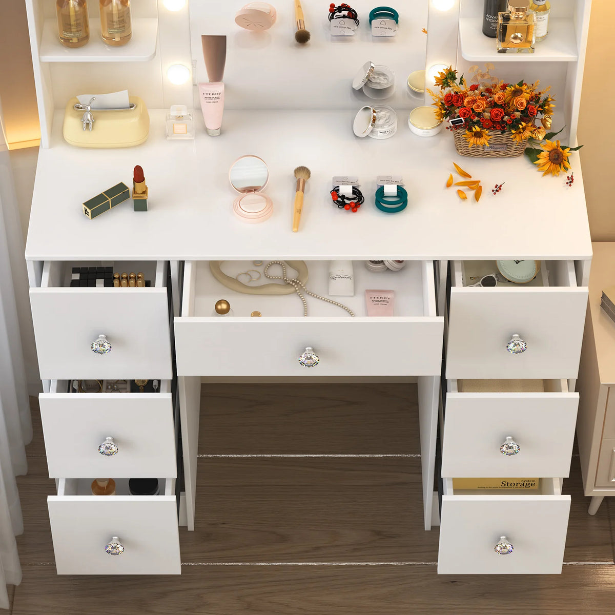 OnesaiMei Wooden Vanity Table With LED Mirror And Seven Drawers