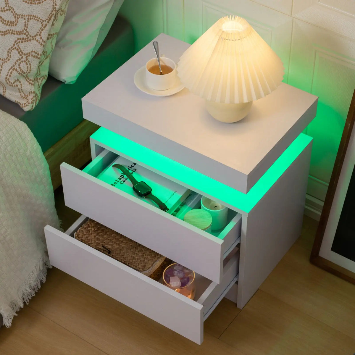 Cubehom Wooden Led Nightstand With Two Drawers And Rgb Lights