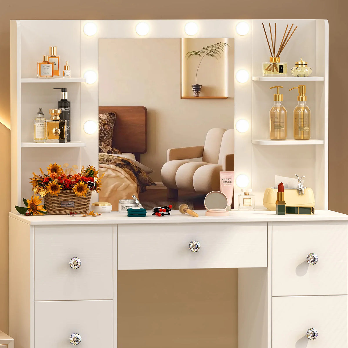 OnesaiMei Wooden Vanity Table With LED Mirror And Seven Drawers