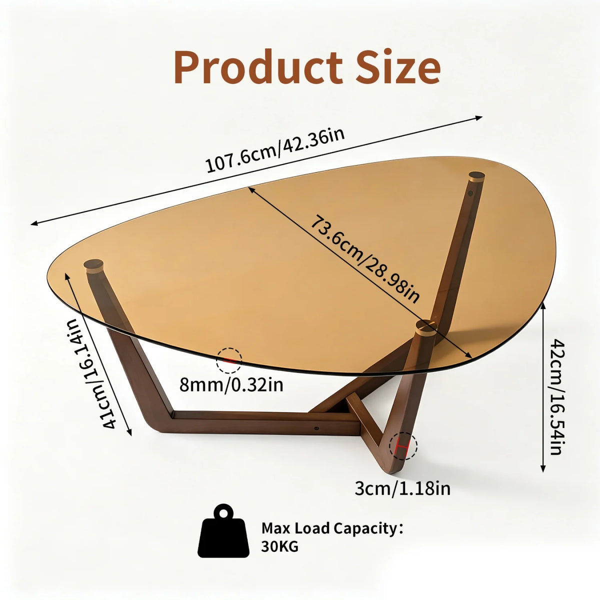 Triangular Tempered Glass Coffee Table With Sculptural Wood Base