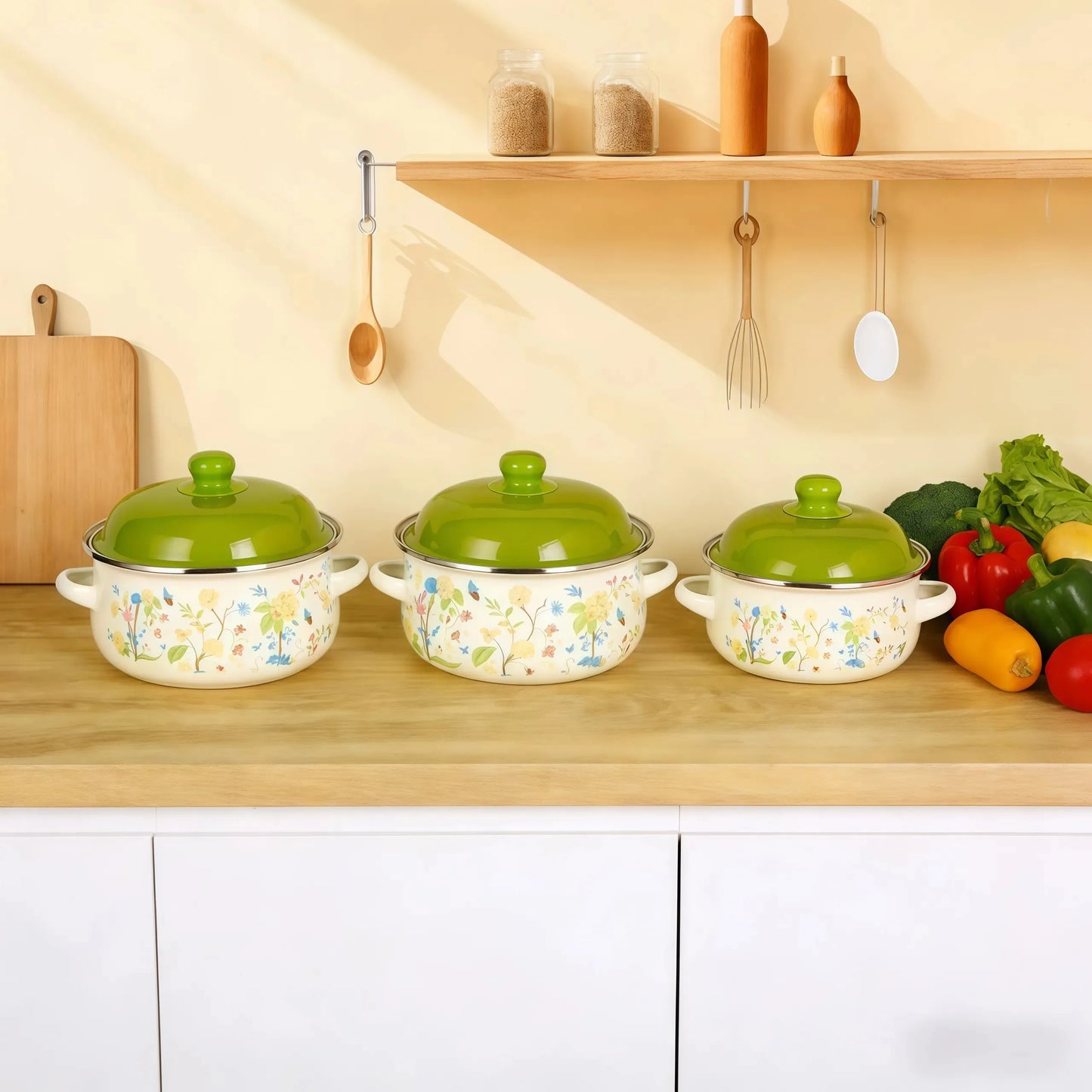3-Piece Vintage Enamel Stock Pot Set With Lids For Induction And Gas Stoves