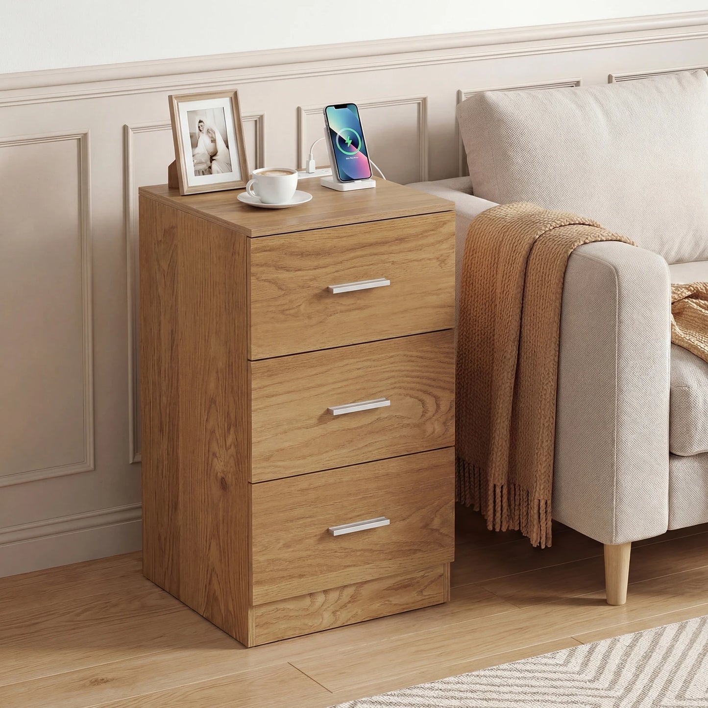HOMASIS Nightstand with Charging Station and Three Drawers