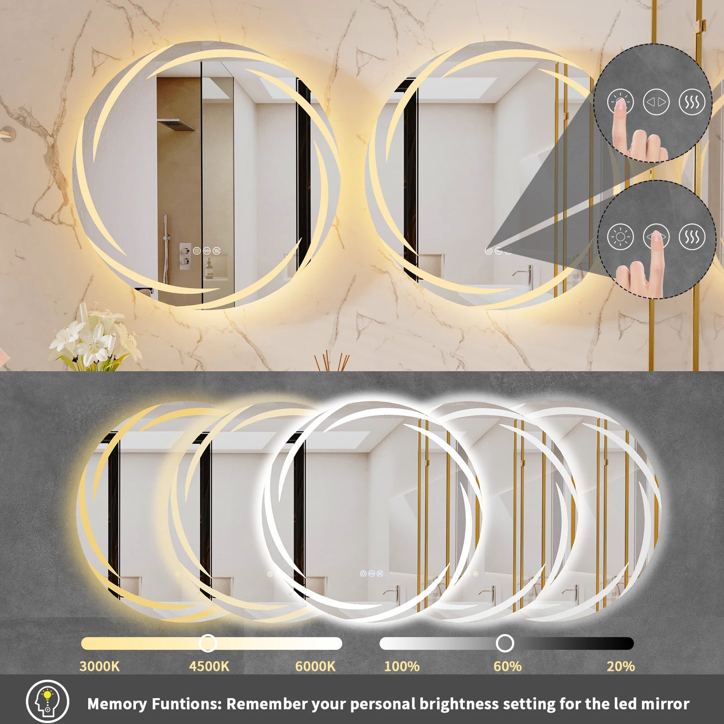 LED Round Bathroom Mirror Backlit Anti-Fog Dimmable Three-Color Lights