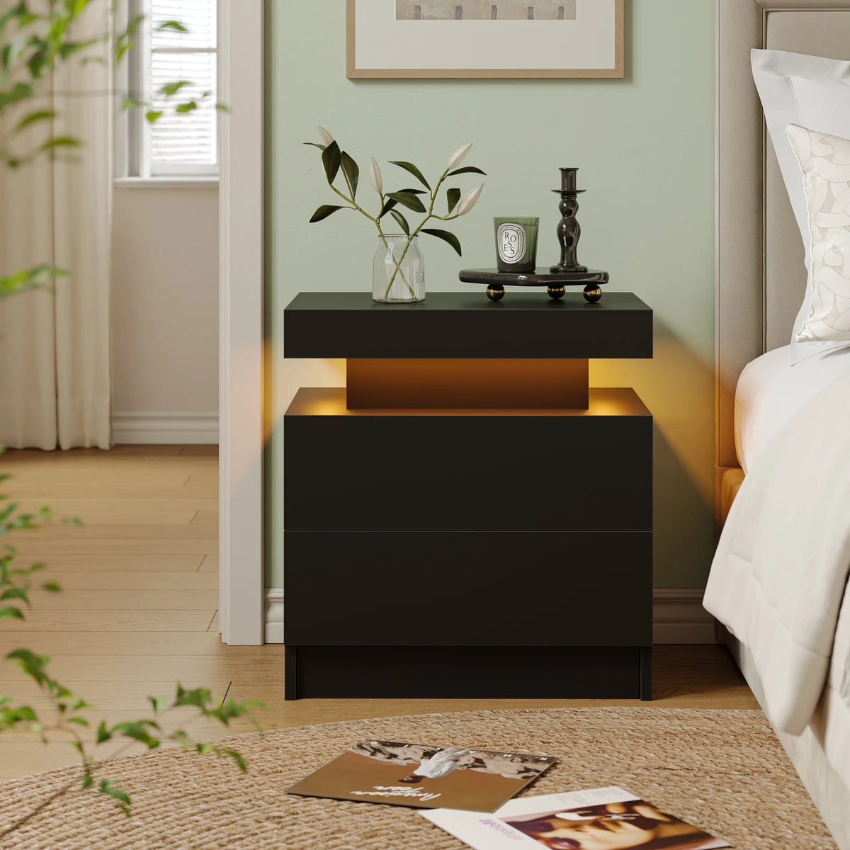 Cubehom Wooden Led Nightstand With Two Drawers And Rgb Lights