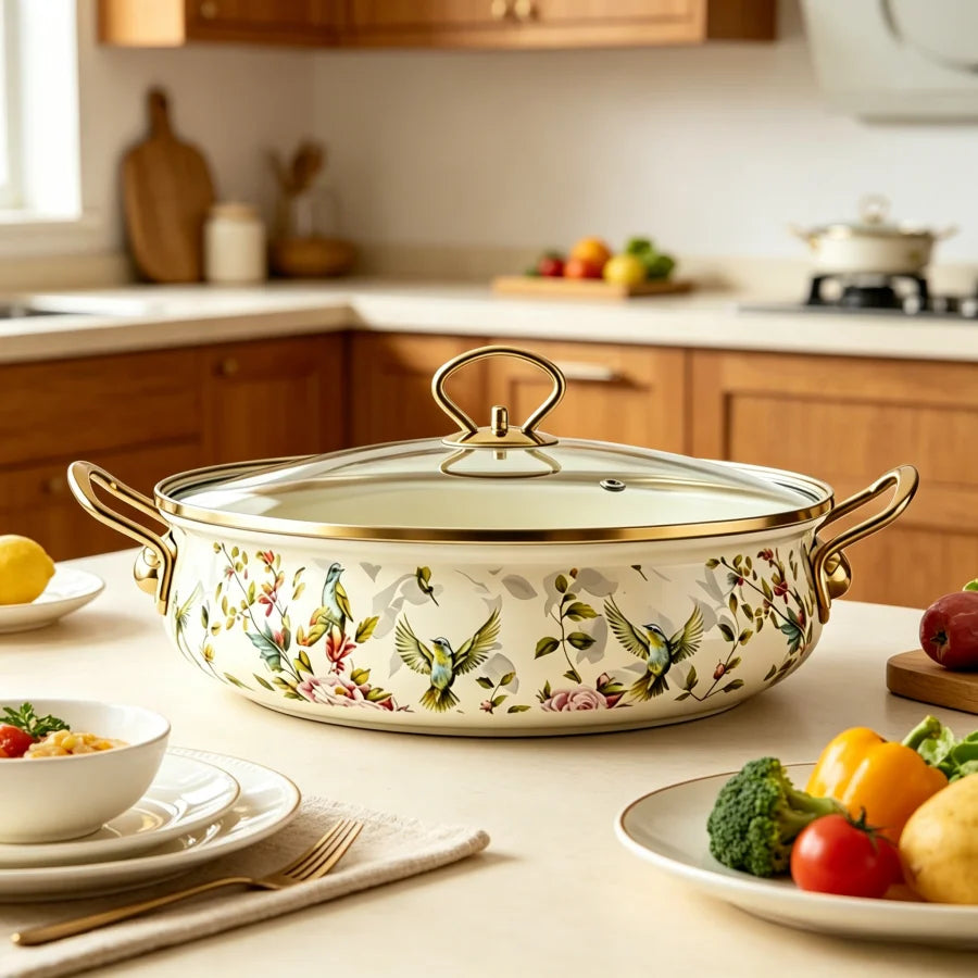 Vintage Bird Botanical Enamel Stock Pot With Glass Lid