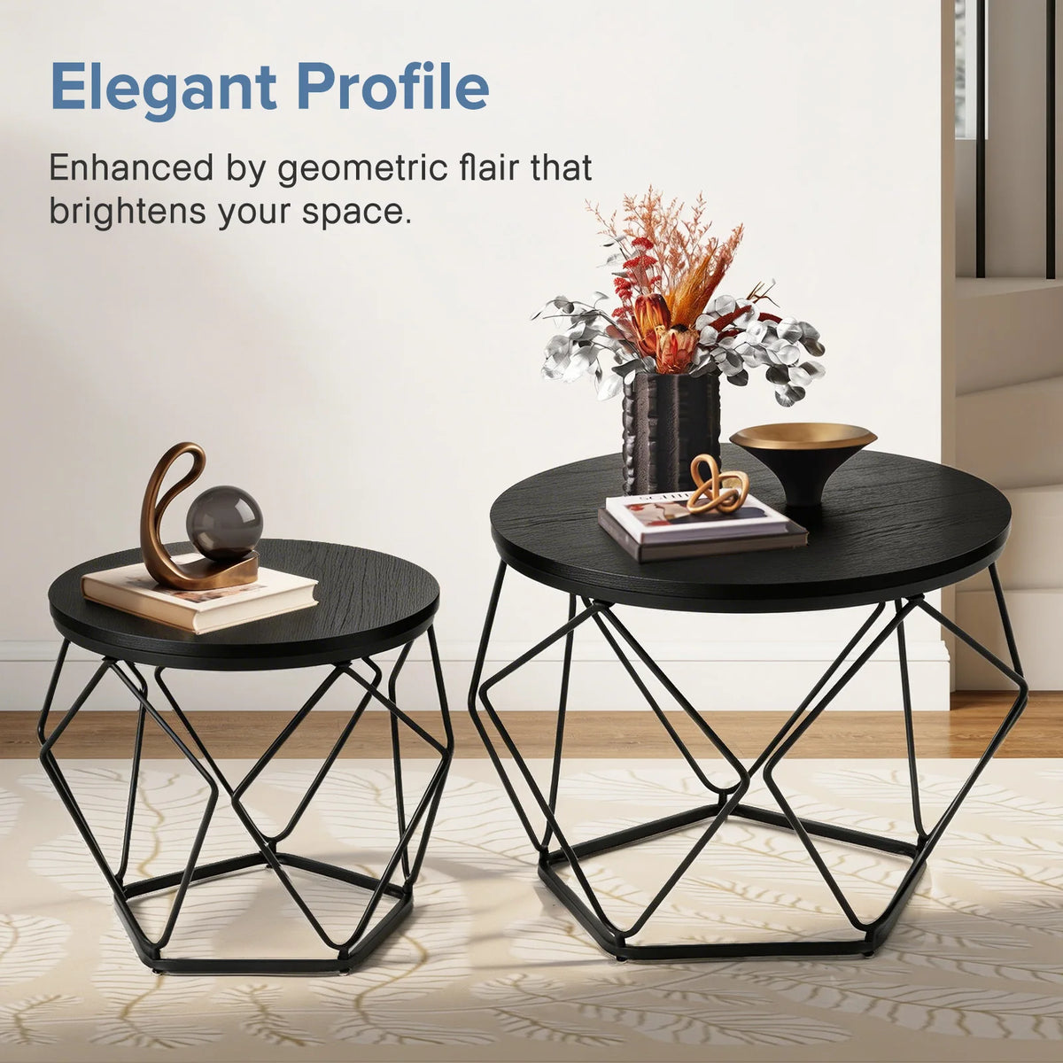 JHK Round Geometric Metal Coffee Table Set With Nesting Tables