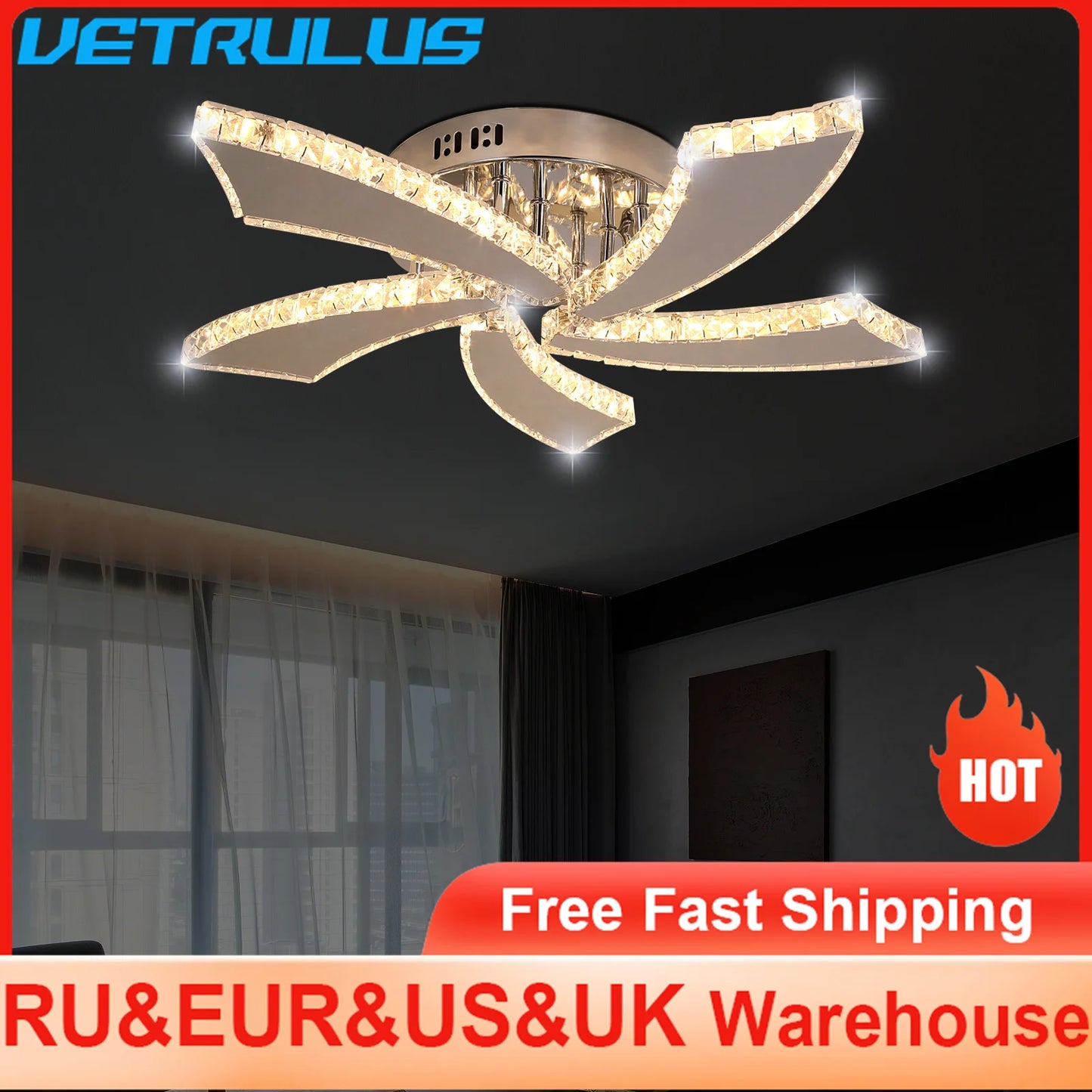 VETRULUS Modern Crystal LED Ceiling Fan With Remote Control