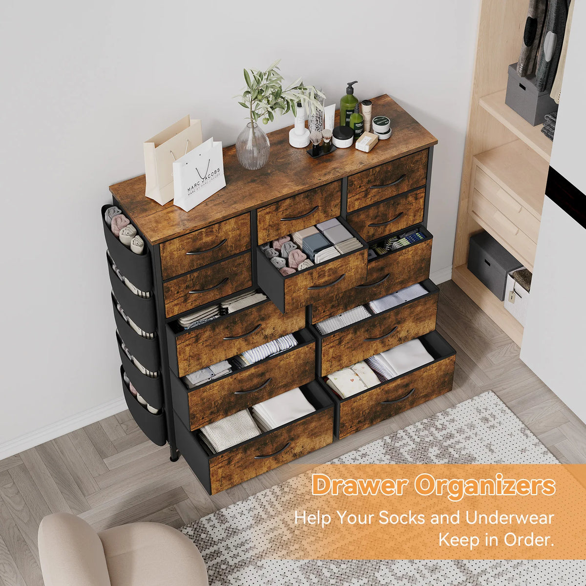 HiMISS 12 Drawer Dresser With Metal Frame And Wood Top