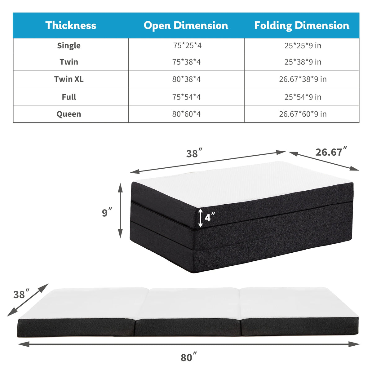 JHK Trifold Memory Foam Mattress With Washable Cover