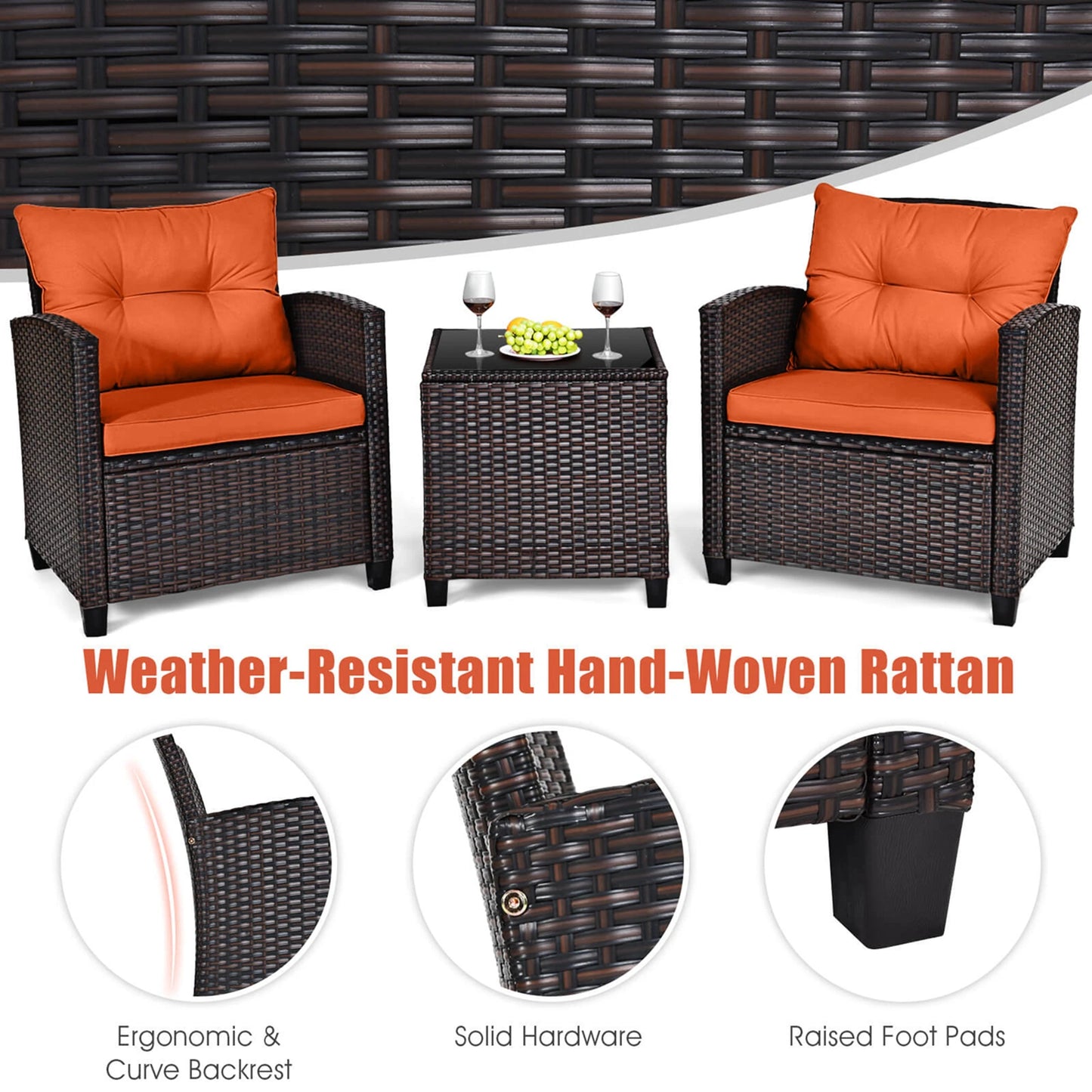 HOMASIS 3-Piece Patio Rattan Furniture Set With Cushioned Conversation Sofa