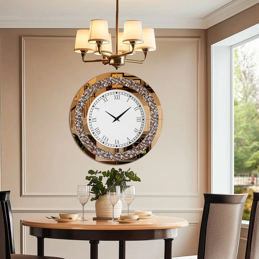 Round Mirror Clock With Crystal Sparkle Wall Decoration