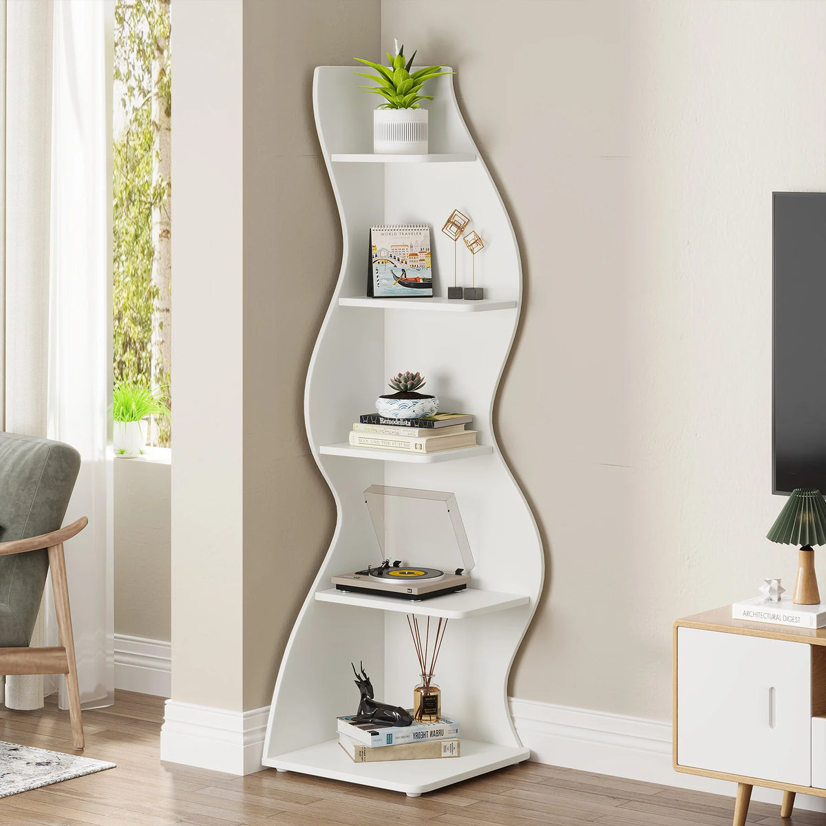 Tribesigns Modern 5 Tier Wall Corner Wooden Bookshelf