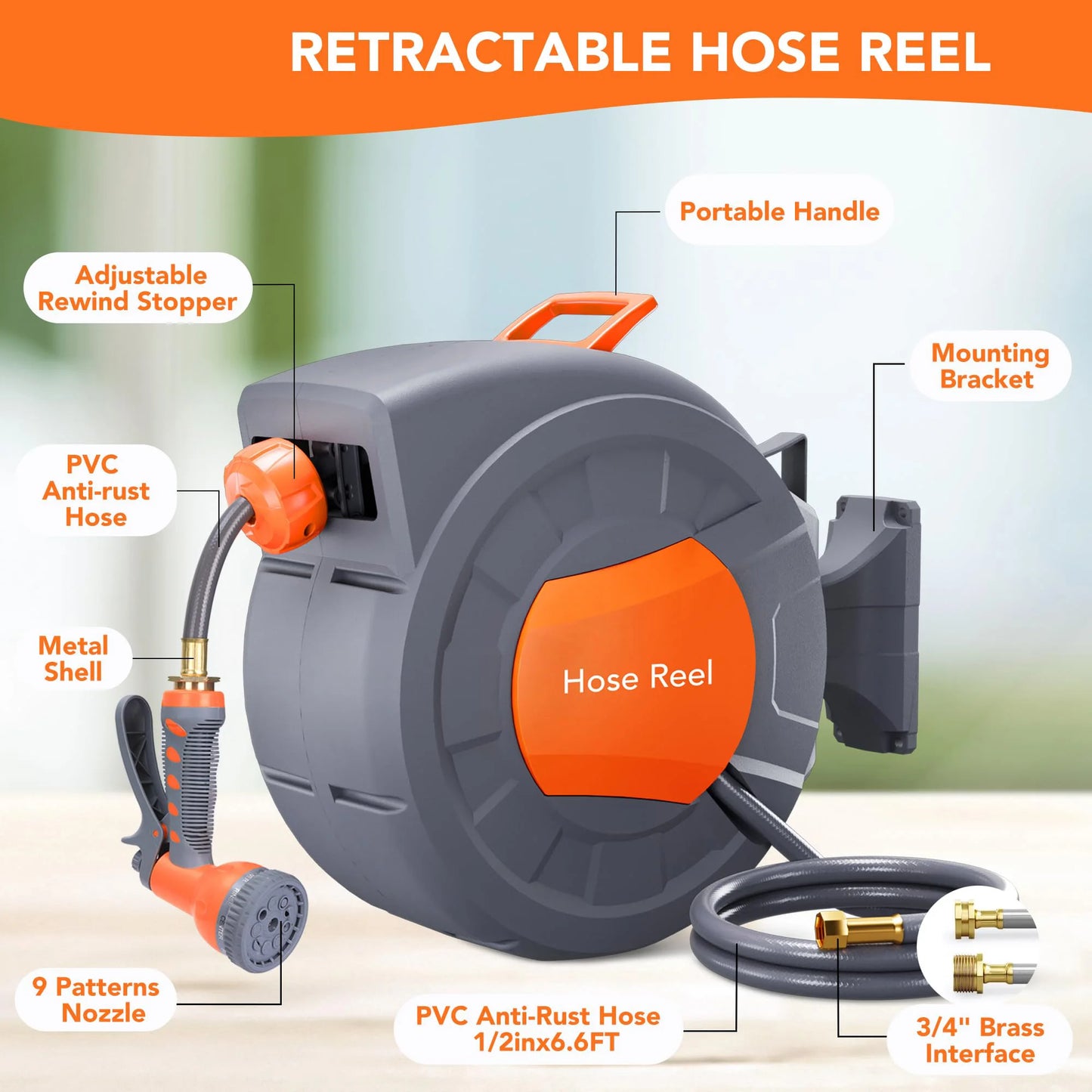 HiMISS Wall Mount Retractable Garden Hose Reel With Auto Rewind