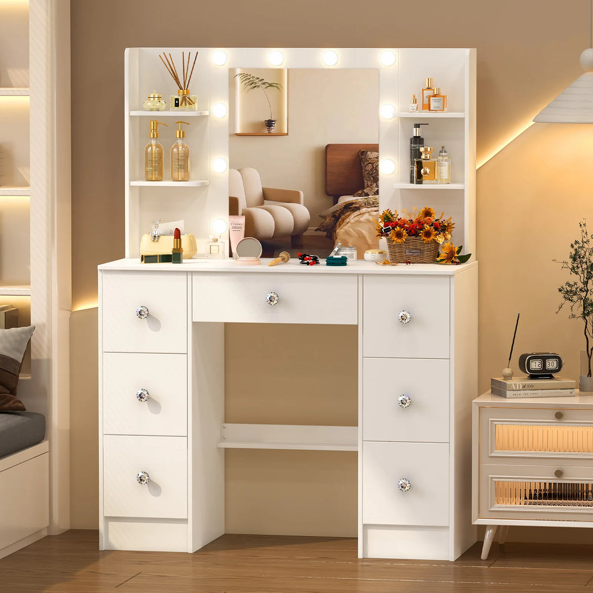 OnesaiMei Wooden Vanity Table With LED Mirror And Seven Drawers