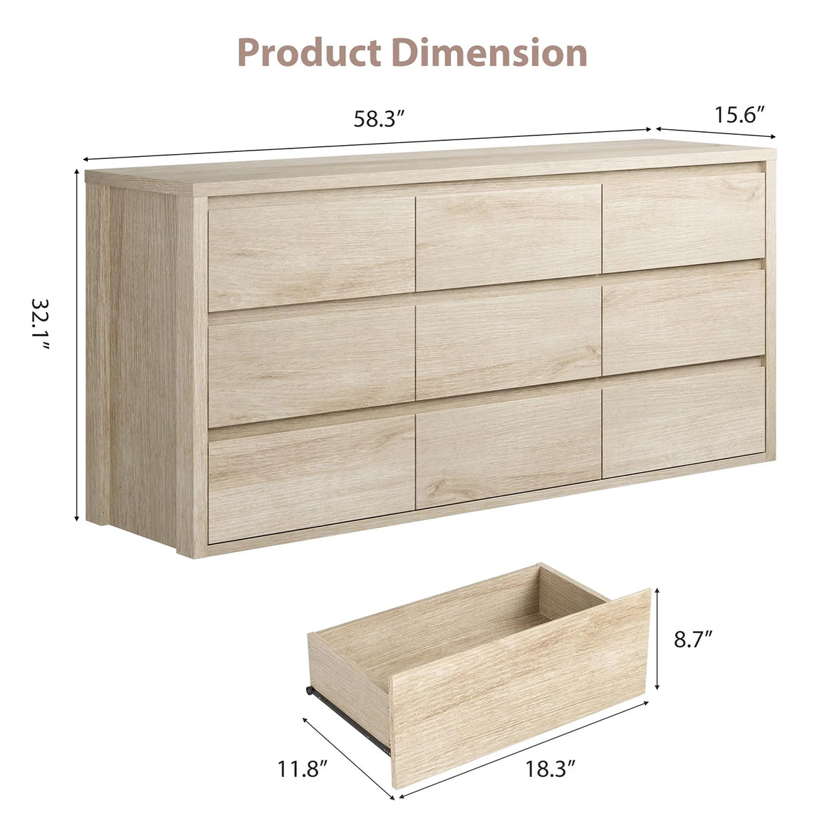 Acekool Modern Wood Nine Drawer Bedroom Storage Dresser