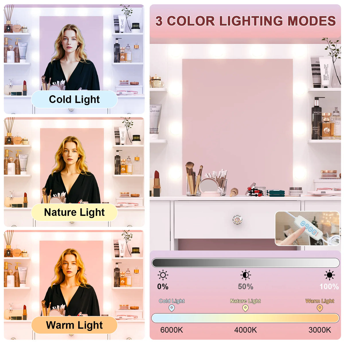 Onesaimei Adjustable Led Mirror Seven Drawer Vanity Desk Set
