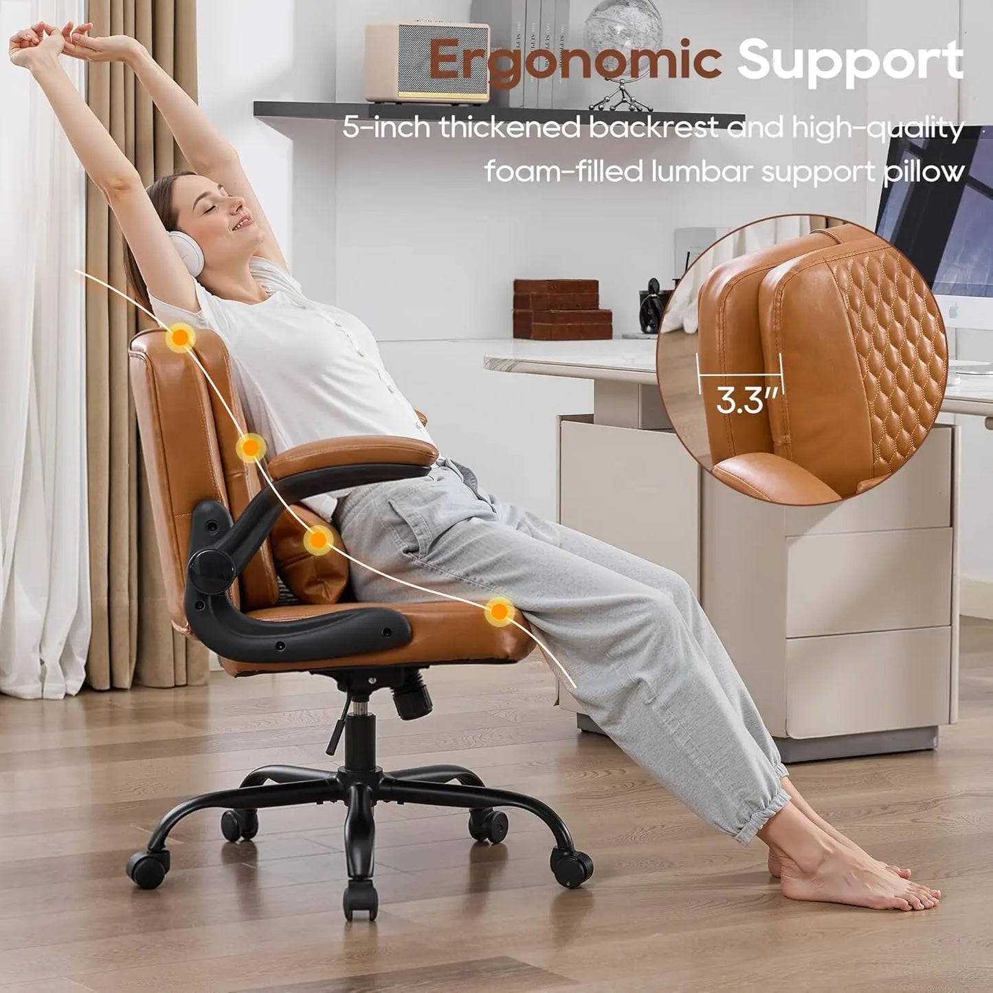 TCGBKAF Ergonomic Office Chair With Flip Backrest And PU Leather Arms