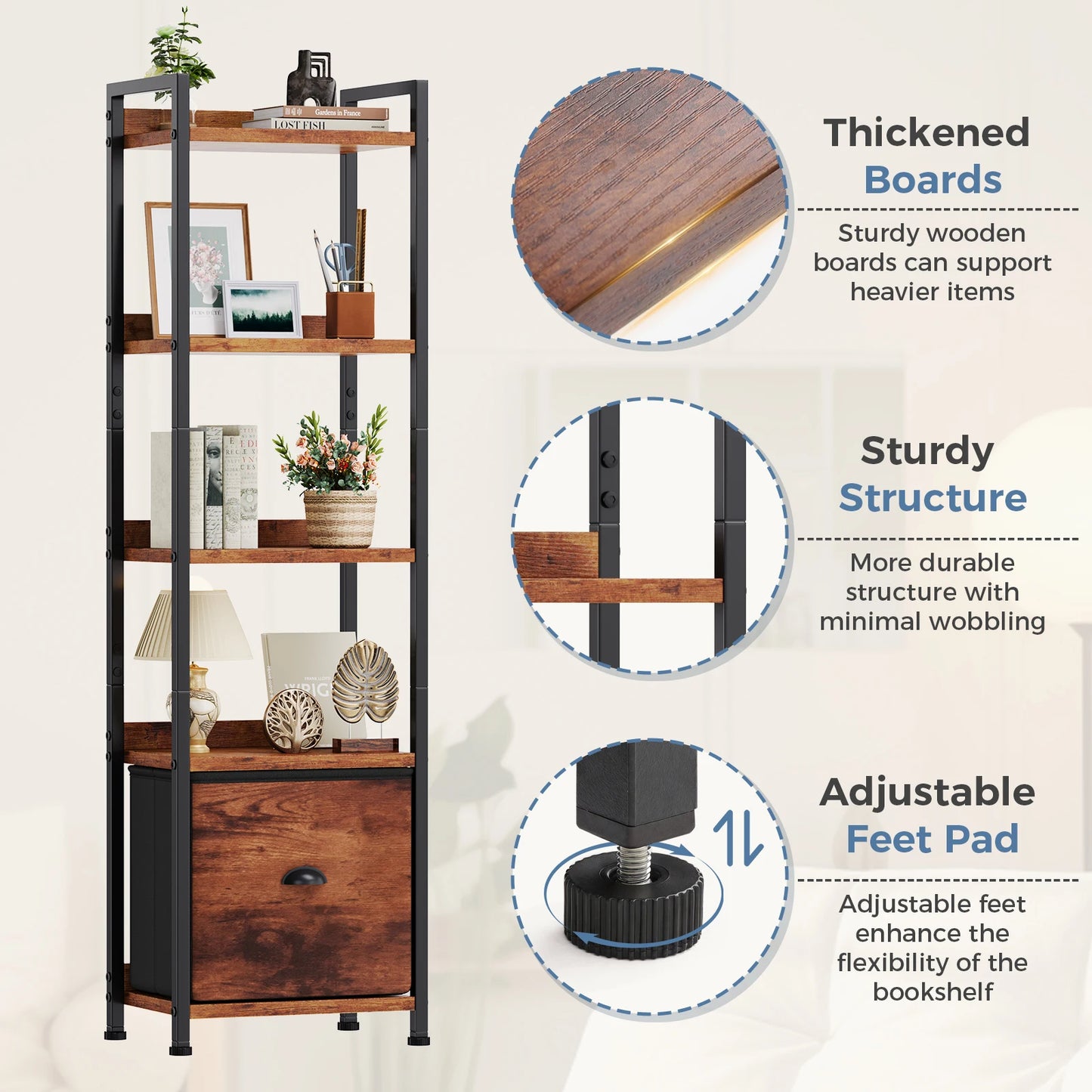 JHK Wood 5 Tier Bookshelf With Fabric Drawer Storage Organizer