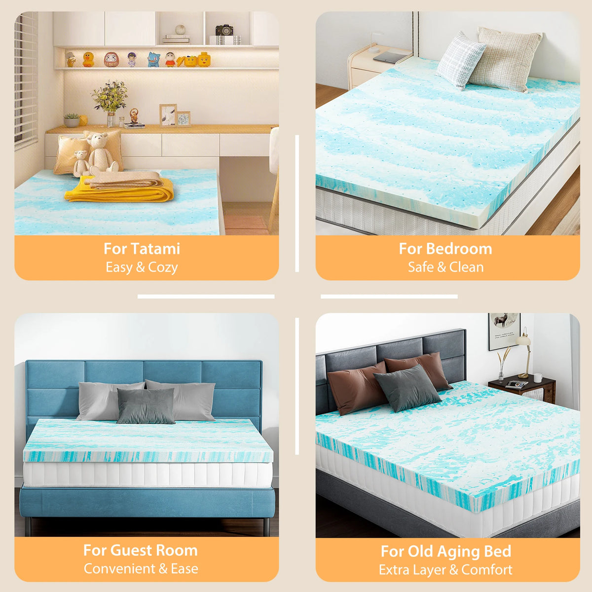 JHK Gel Memory Foam Mattress Topper Cooling Comfort Bed