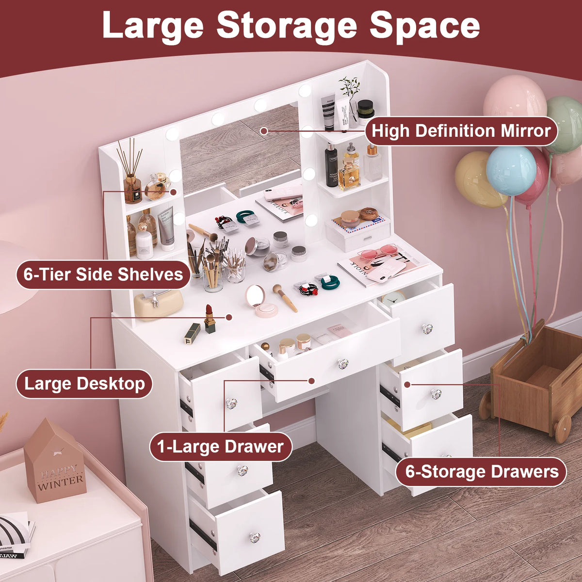 Onesaimei Adjustable Led Mirror Seven Drawer Vanity Desk Set