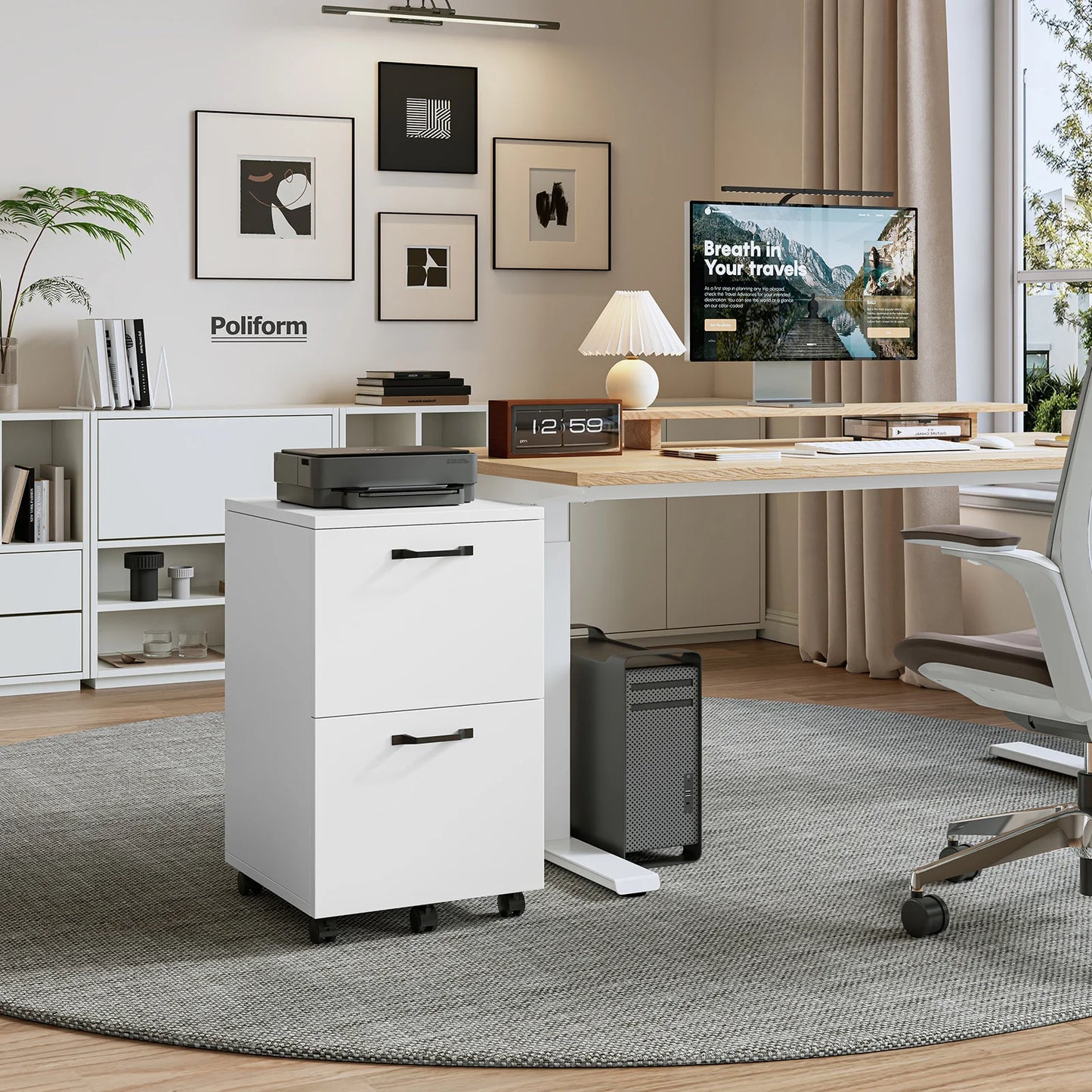 JHK Wooden Two Drawer Rolling File Cabinet With Locking Wheels
