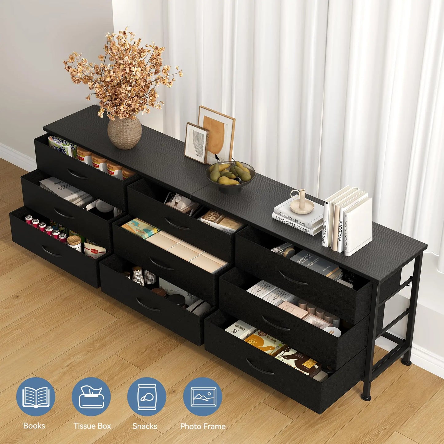 JHK Modern Living Room Cabinet With 9 Fabric Drawers