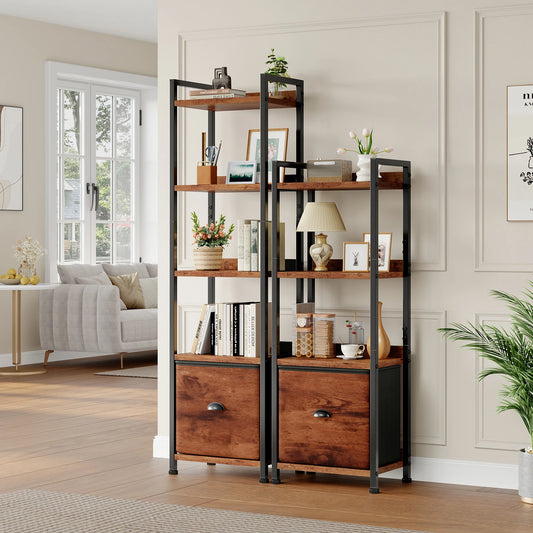 JHK Wood 5 Tier Bookshelf With Fabric Drawer Storage Organizer