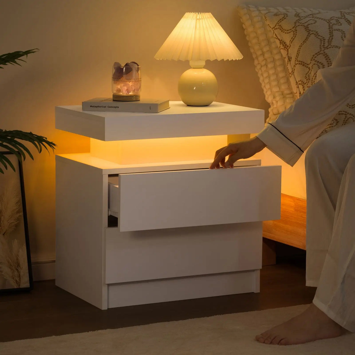 Cubehom Wooden Led Nightstand With Two Drawers And Rgb Lights