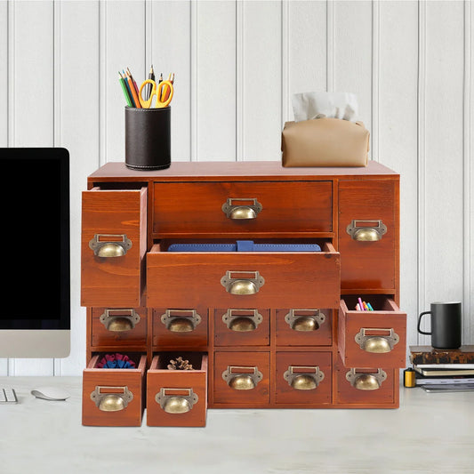 Wooden Desktop Organizer Cabinet Featuring Fourteen Spacious Drawers