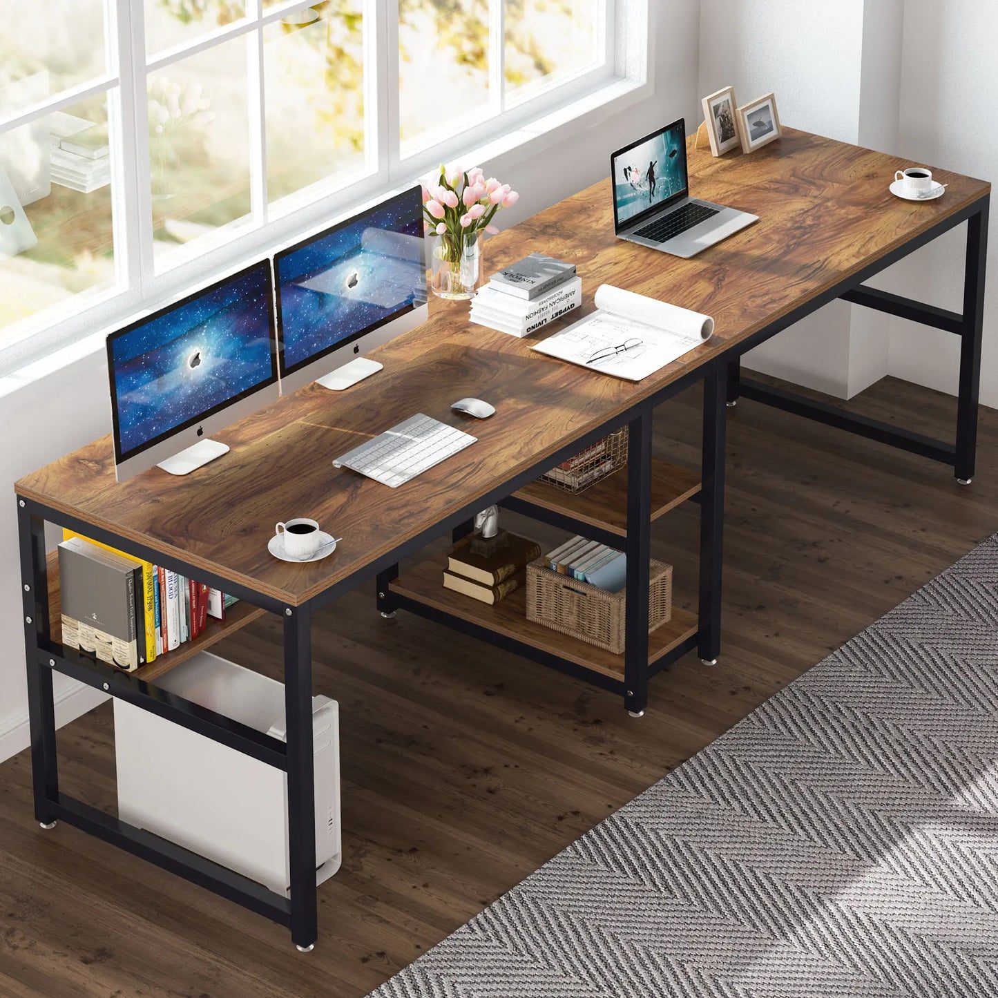Tribesigns Two Person Desk With Bookshelf Rustic Office Computer Desk