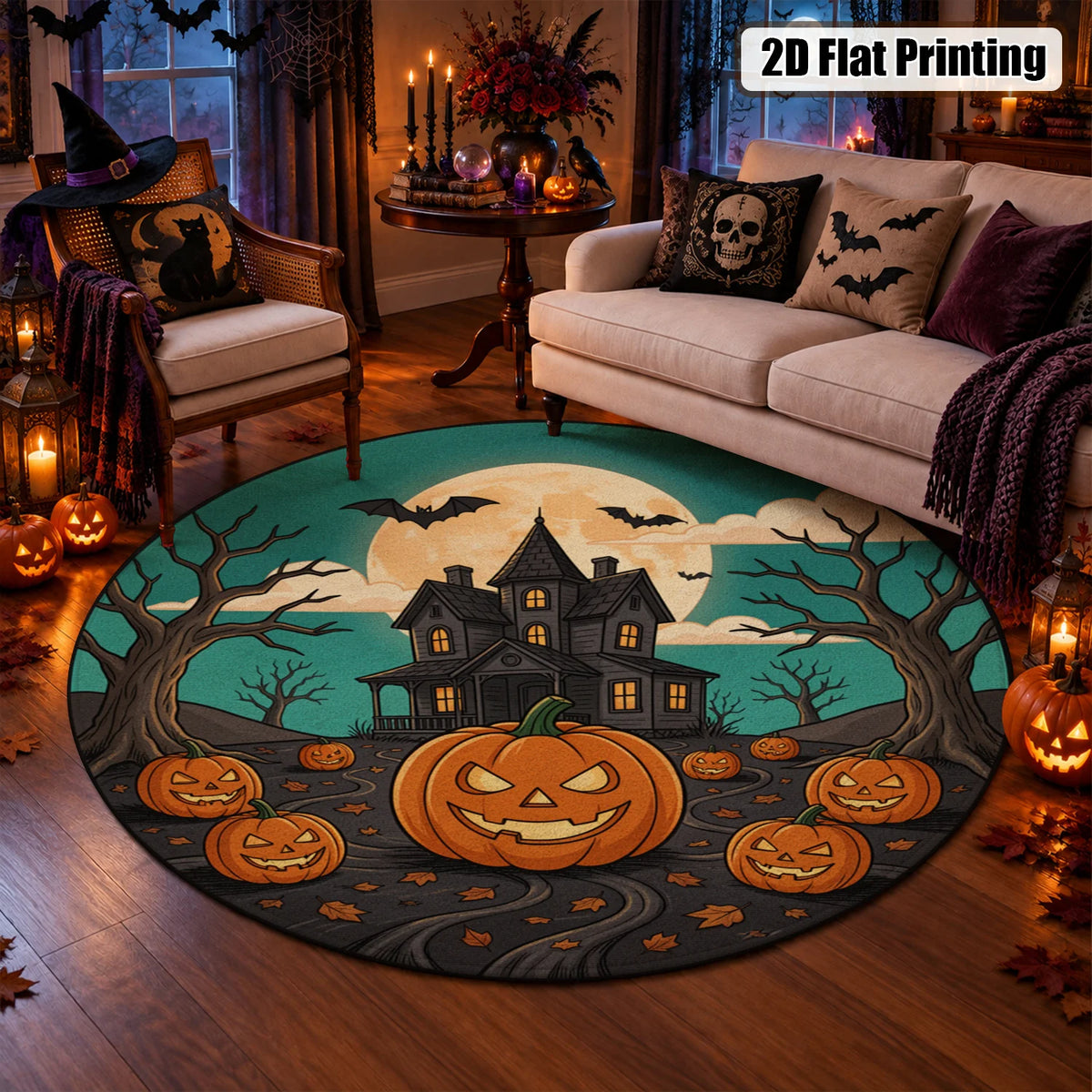 Halloween Haunted House Pumpkin Bat Washable Velvet Area Rug