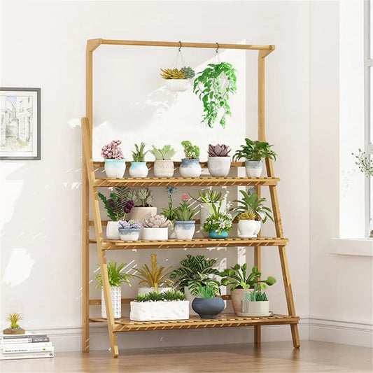 Folding Bamboo Plant Stand 3-Tier Ladder Shelf For Pots