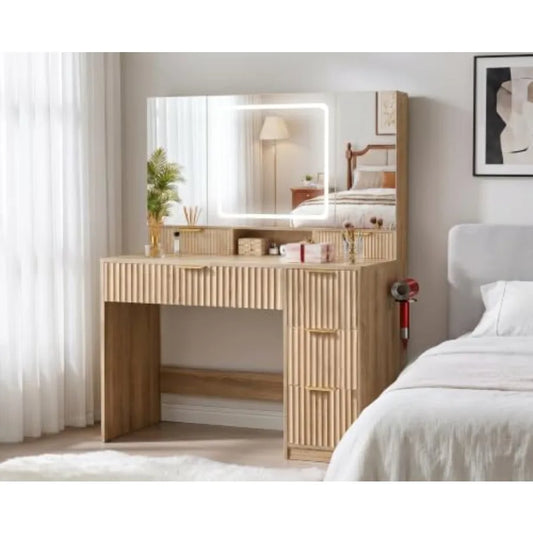 Vanity Desk With 3-Way Mirror And Lights 6 Drawers