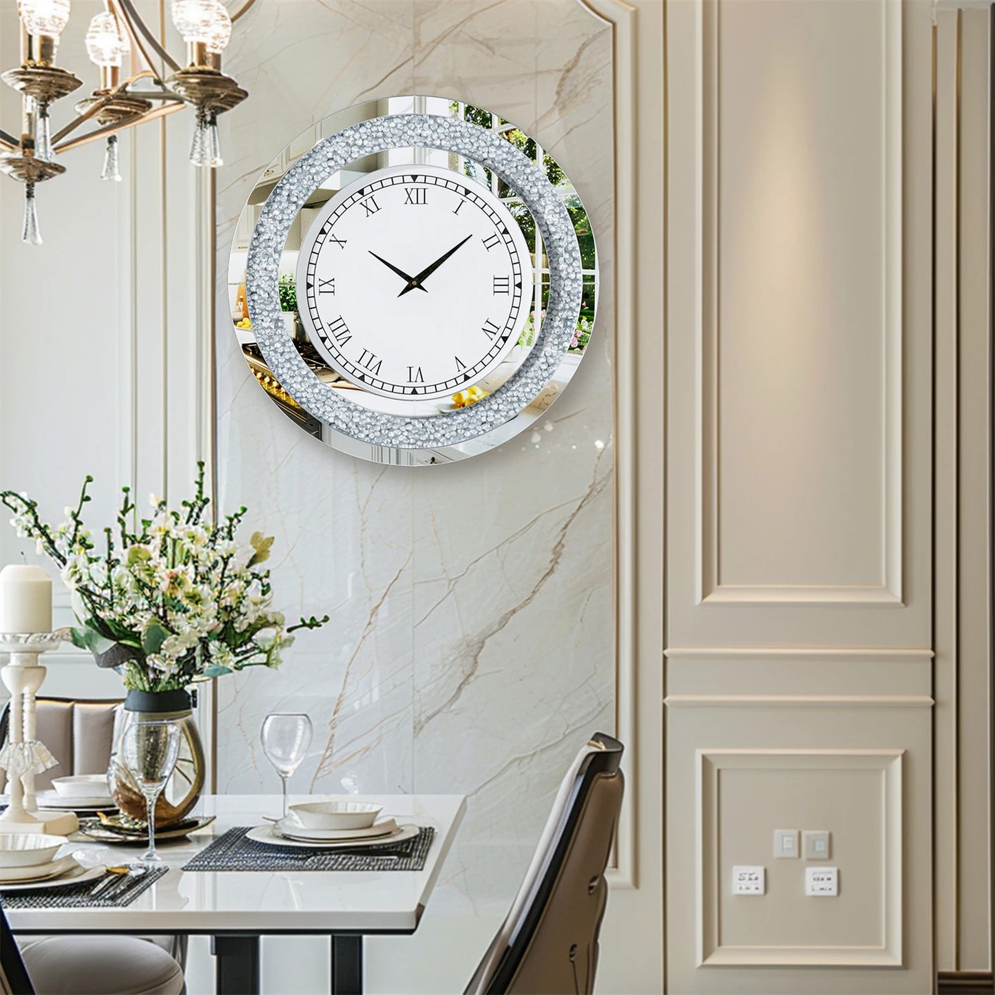 Round Mirror Clock With Crystal Sparkle Wall Decoration