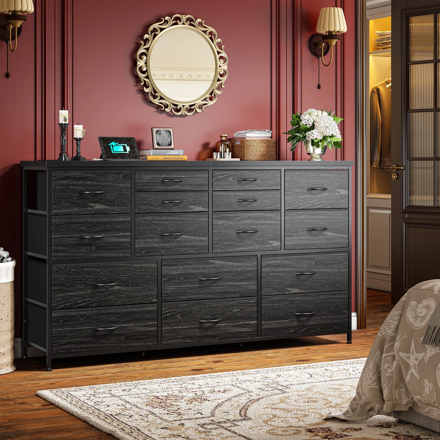 16-Drawer Fabric Dresser With Charging Station And TV Stand