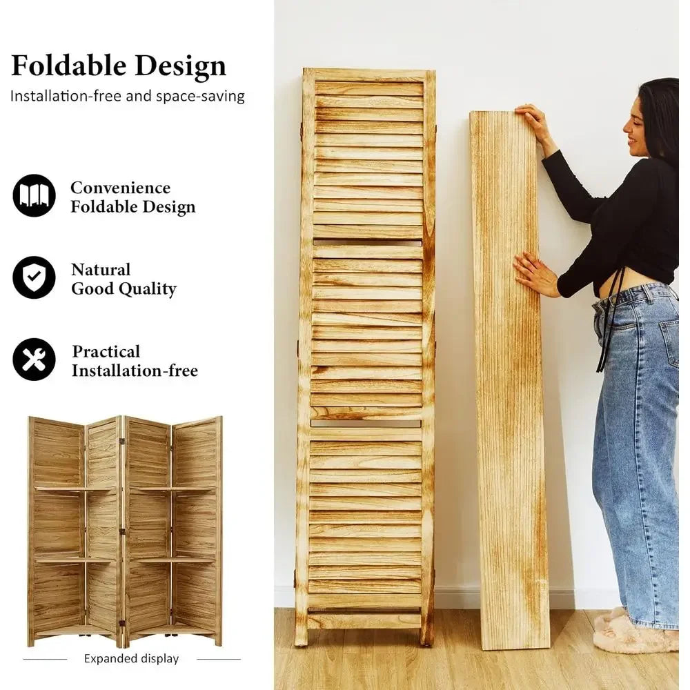 Wooden Privacy Room Divider With Three Shelves Freestanding Home Office
