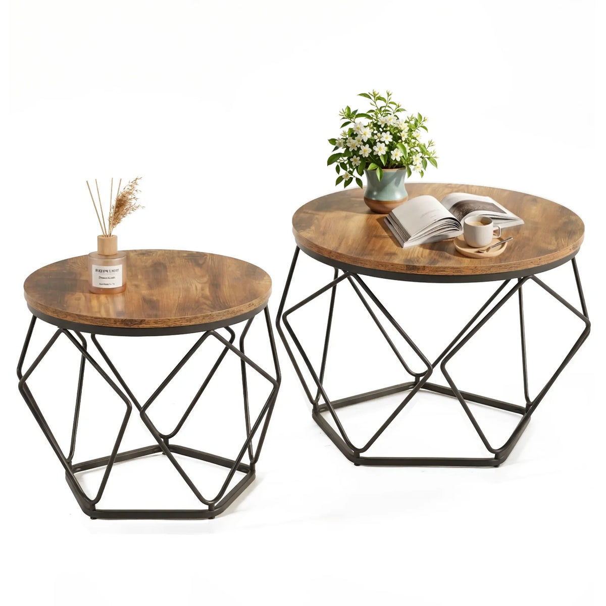 JHK Round Geometric Metal Coffee Table Set With Nesting Tables