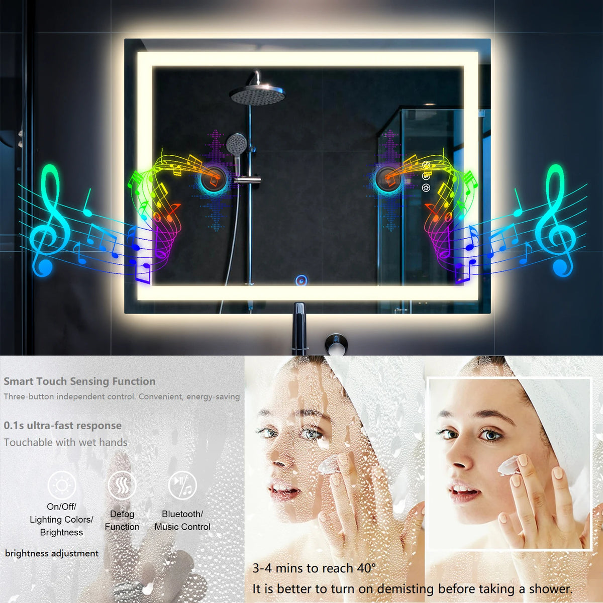 Borwart Smart Led Bathroom Mirror Antifog Tempered Glass Dual Speaker