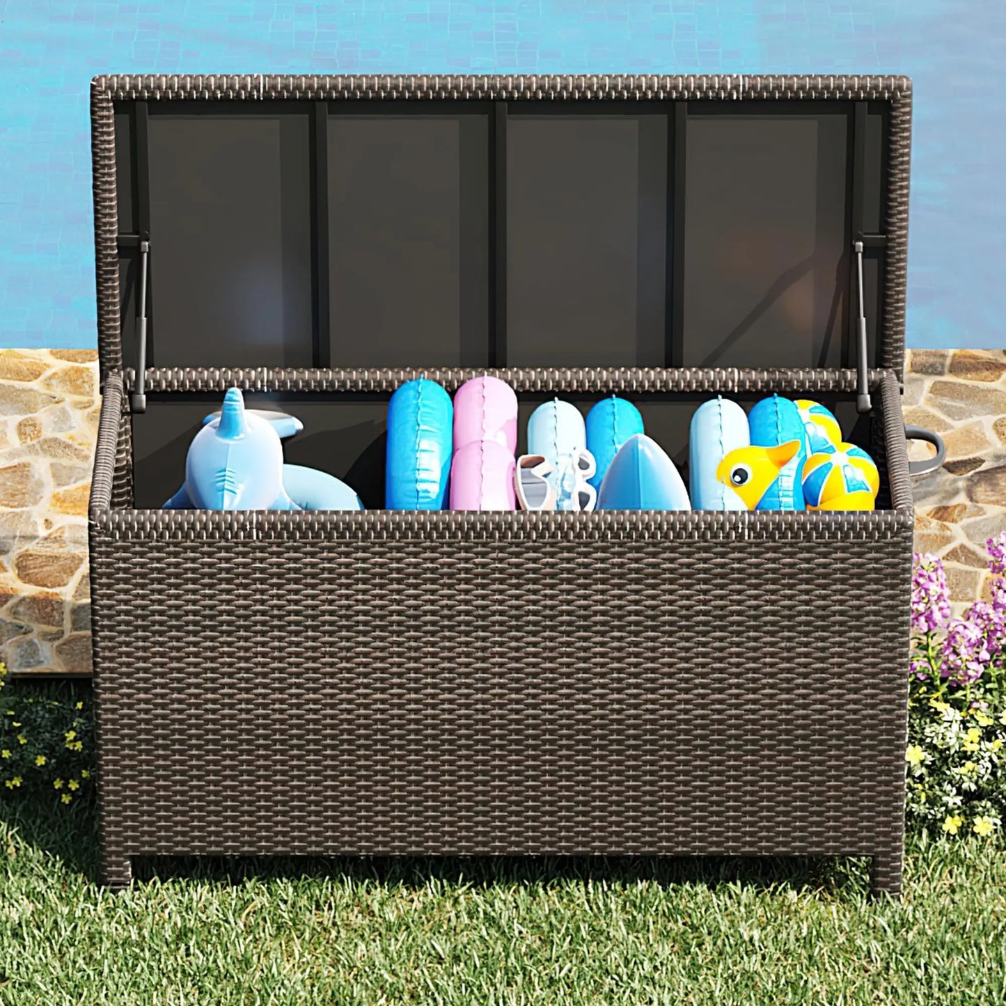 HiMISS Outdoor Deck Box Waterproof Wicker Storage Chest With Wheels