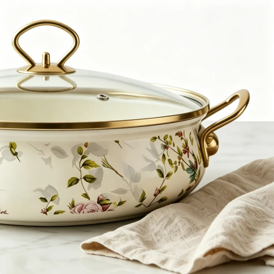 Vintage Bird Botanical Enamel Stock Pot With Glass Lid