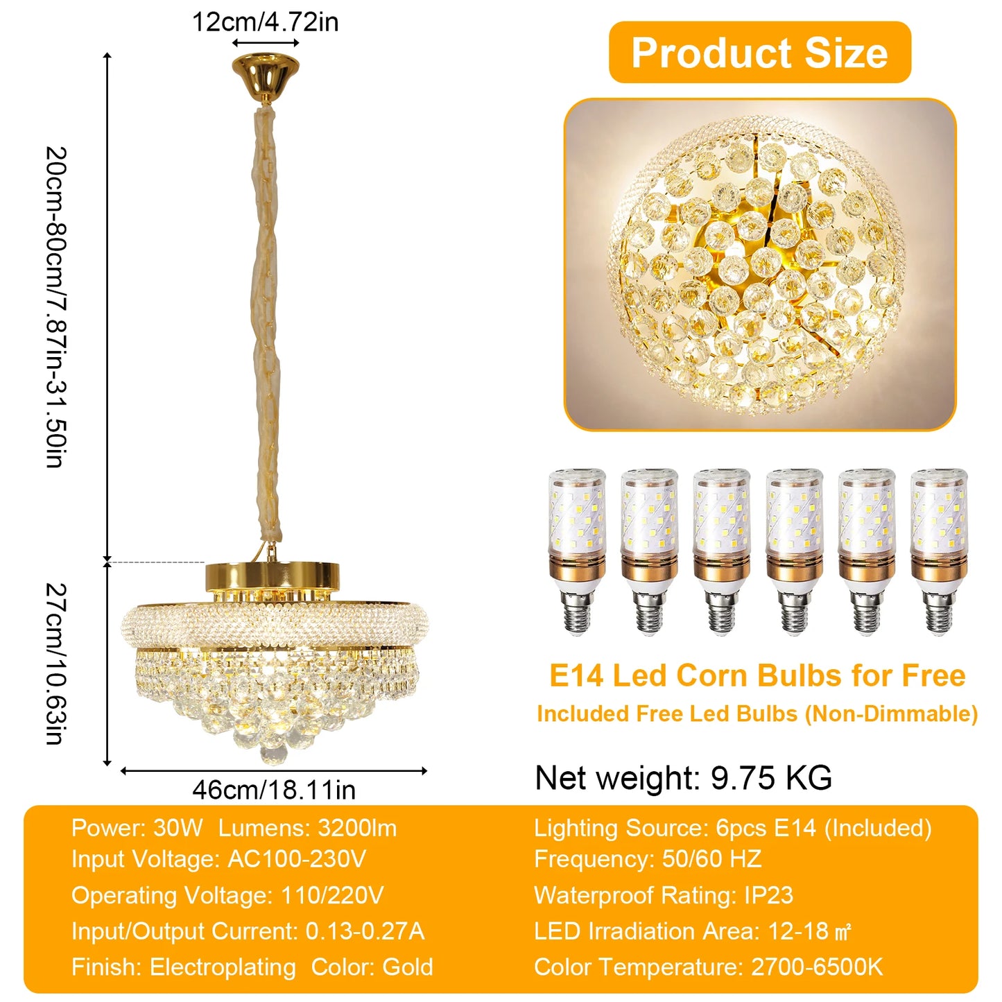 Vrygle Gold Crystal Chandelier Pendant Light With Adjustable Chain