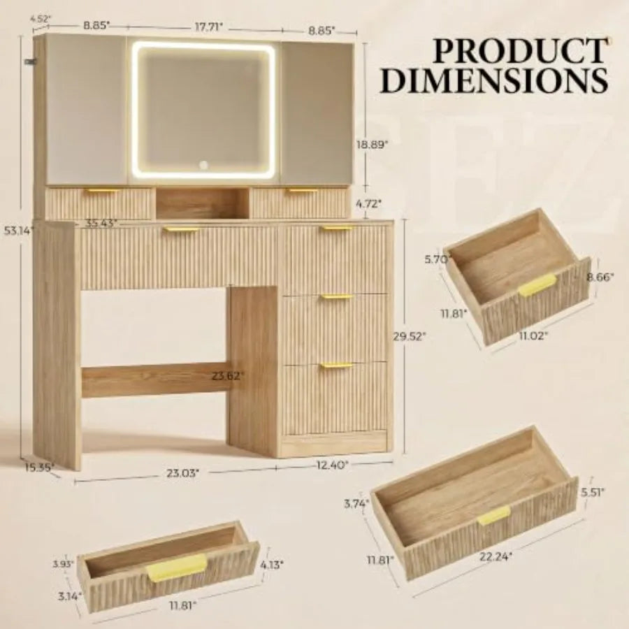 Vanity Desk With 3-Way Mirror And Lights 6 Drawers