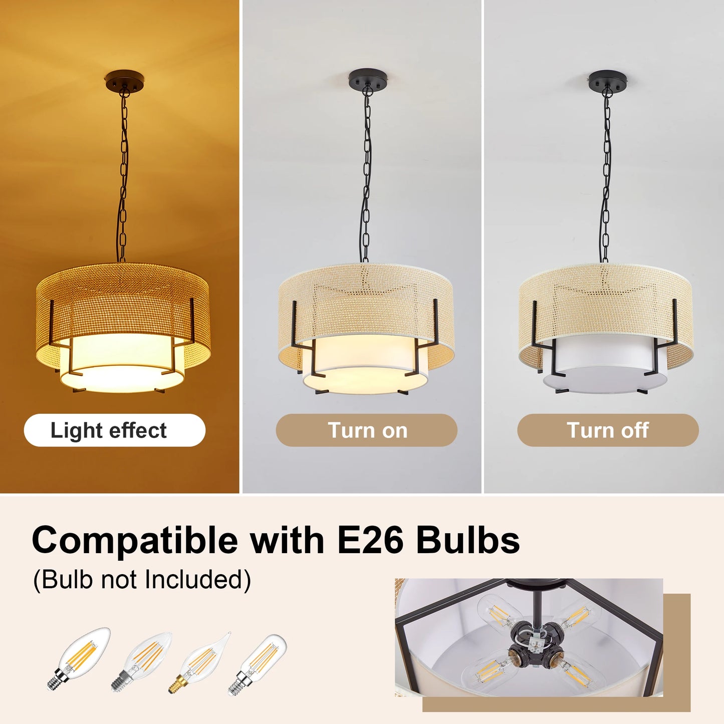 ZHIKEA Farmhouse Boho 4Light Rattan Pendant Chandelier With Fabric Shade