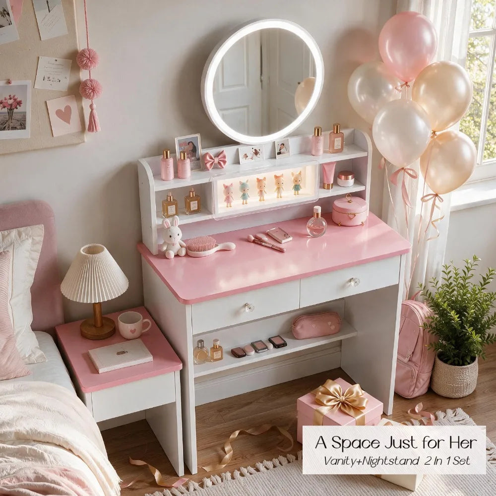 Wooden LED Vanity Desk Set With Mirror And Storage Stool