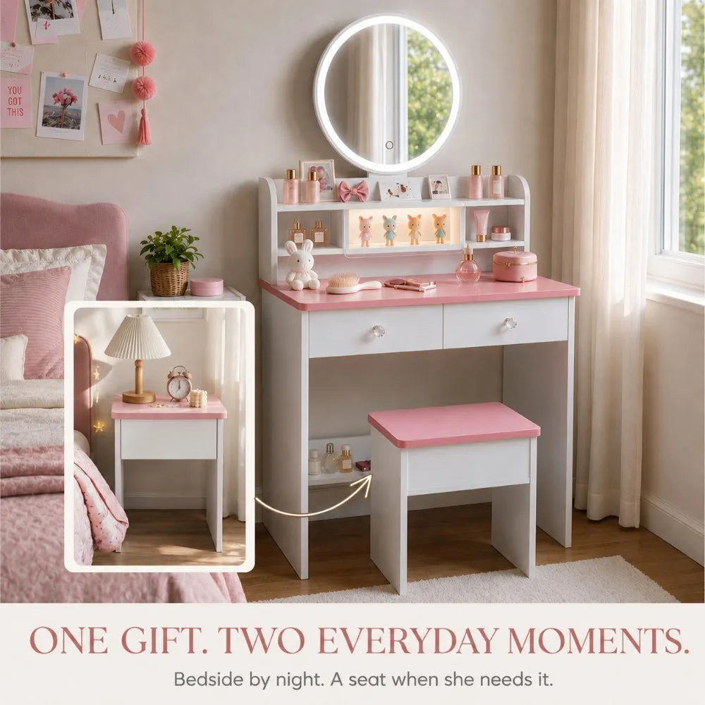Wooden LED Vanity Desk Set With Mirror And Storage Stool