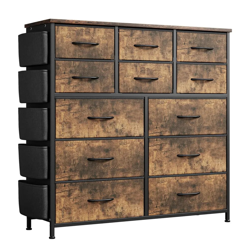 12 Drawer Fabric Dresser Wooden Top Steel Frame Storage Organizer