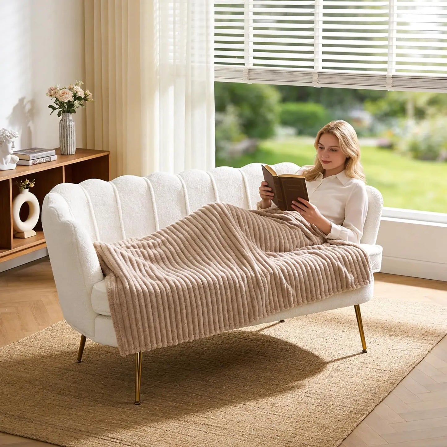 Sherpa Boucle Two Seater Sofa With Gold Metal Legs